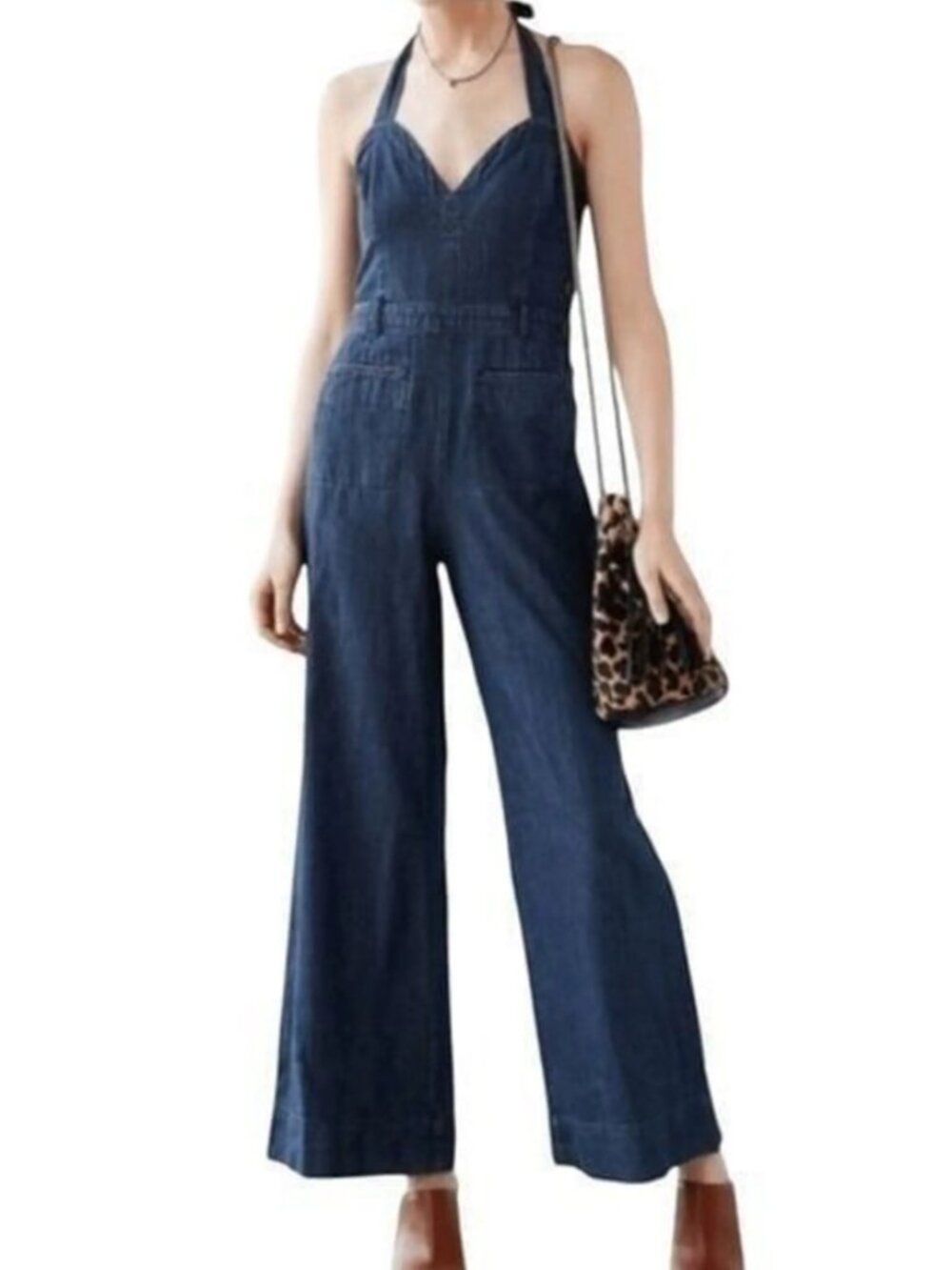 Cooperative Harley Chambray Denim Halter Wide Leg Jumpsuit Sz 4